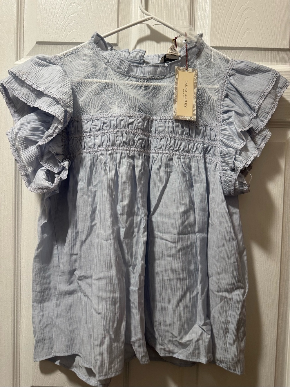 Laura Ashley Light Blue Lace Yoke Ruffle Sleeve Blouse